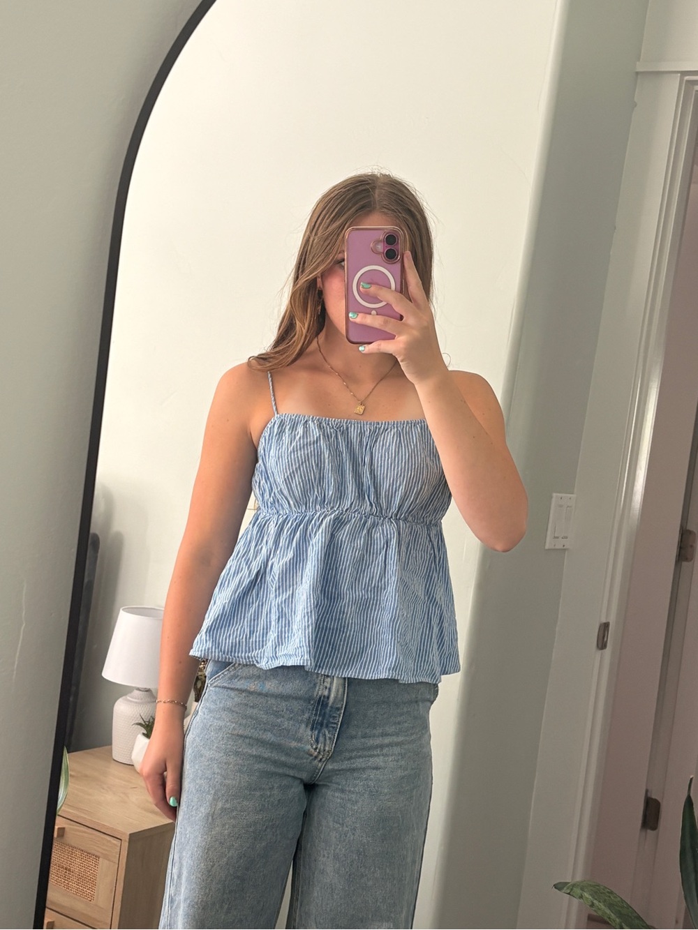 Light Blue Striped Spaghetti Strap Peplum Top